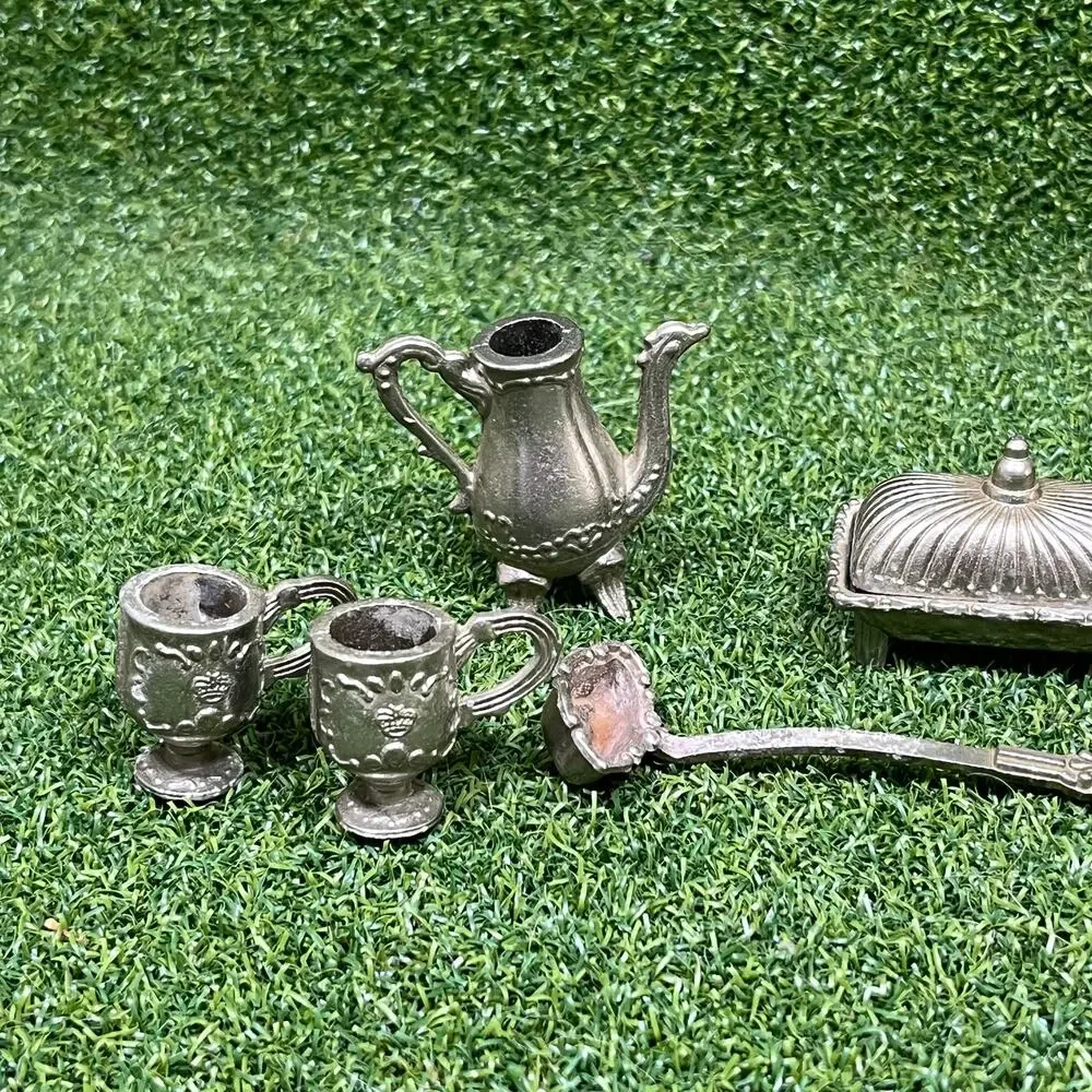 Vintage 1978 Imperial Toy Silver Tone Metal Miniature Dollhouse Tea Coffee Set